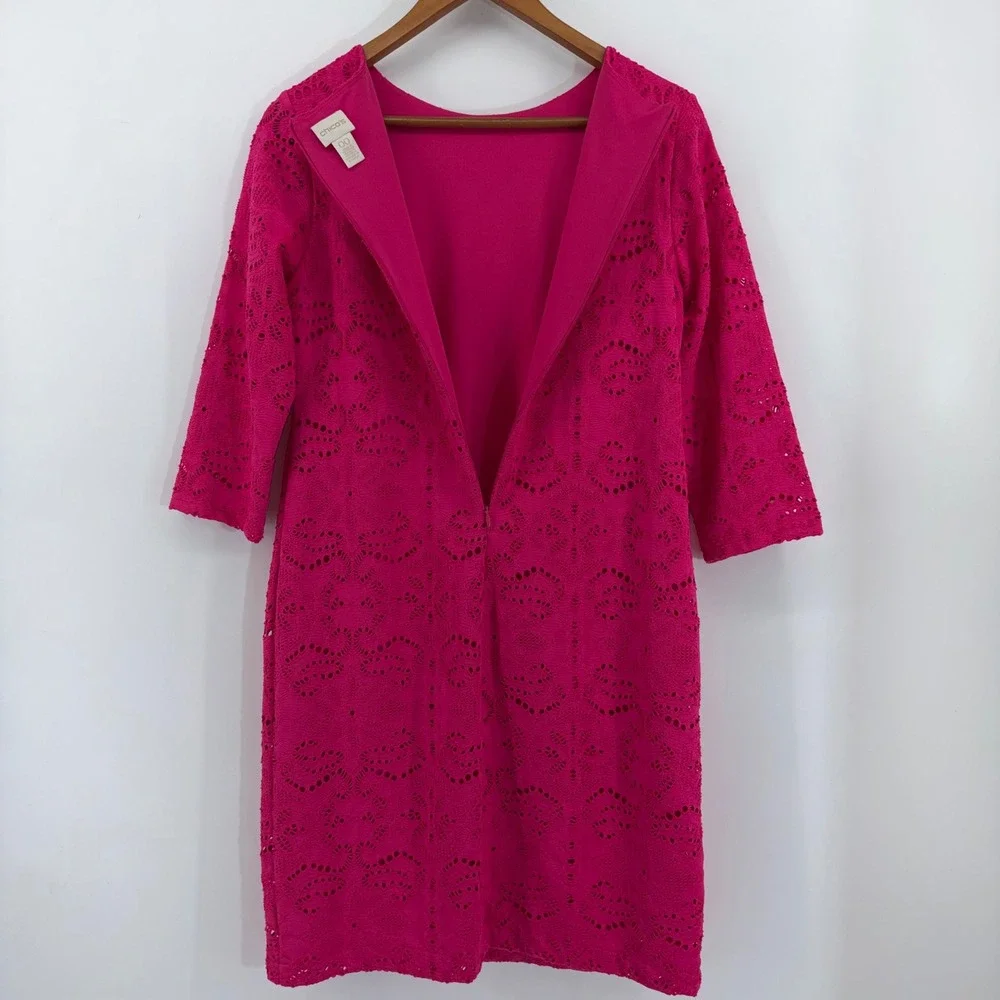Chicos Pink Eyelet Lace Sheath Dress 3/4 Sleeve Size 00 XS Hot Pink Geometric